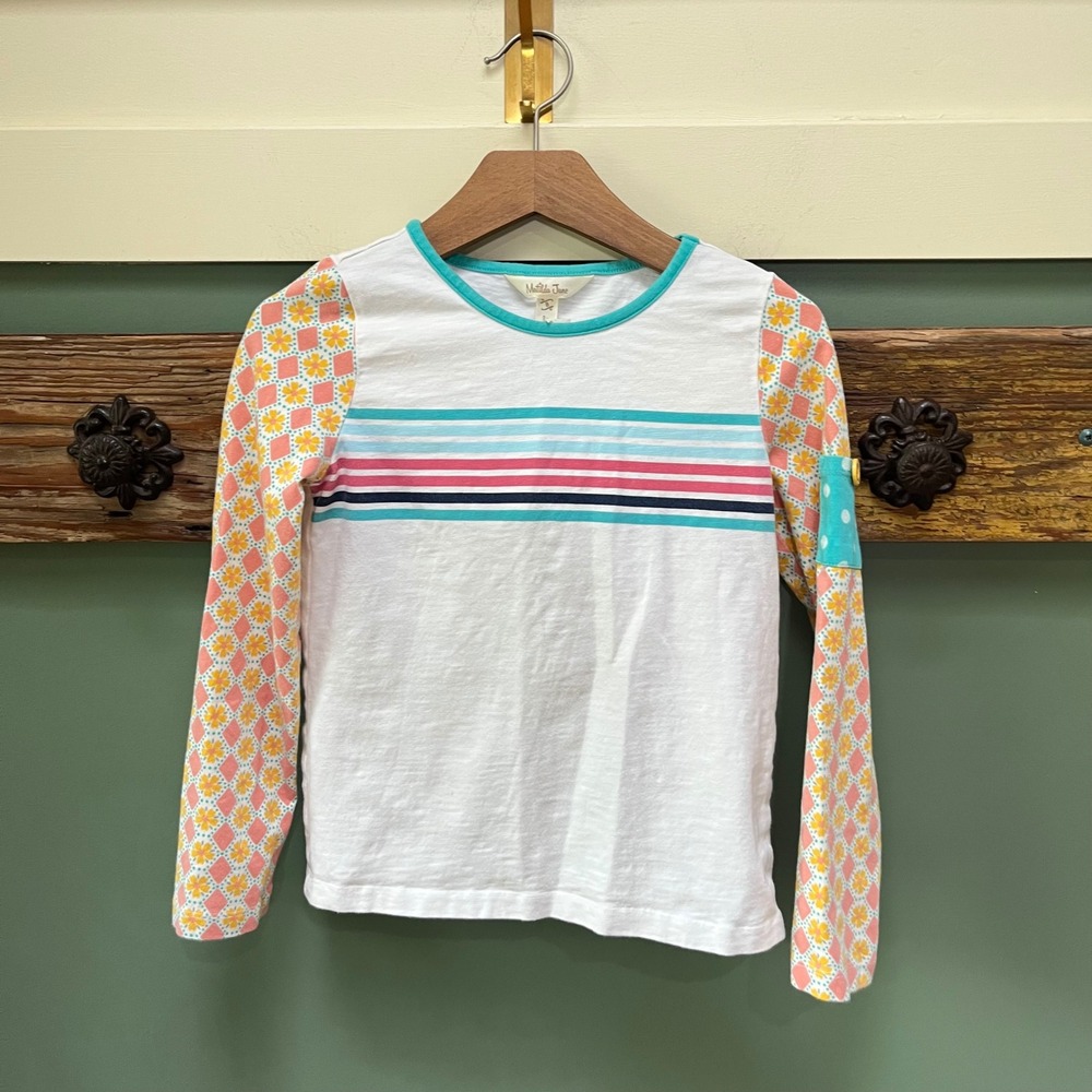 Matilda Jane Girls Size 8 Long Sleeve Mixed Print Striped Floral Tee White Teal